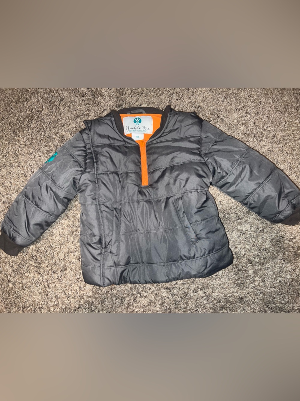 Buckle Me Baby Coat Toddler 3T Carseat Gray Puffer Jacket with Orange Trim